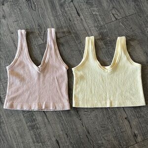 Urban Outfitters Ribbed V-Neck Tank Top Set - Cream and Tan Sm Petite Like New